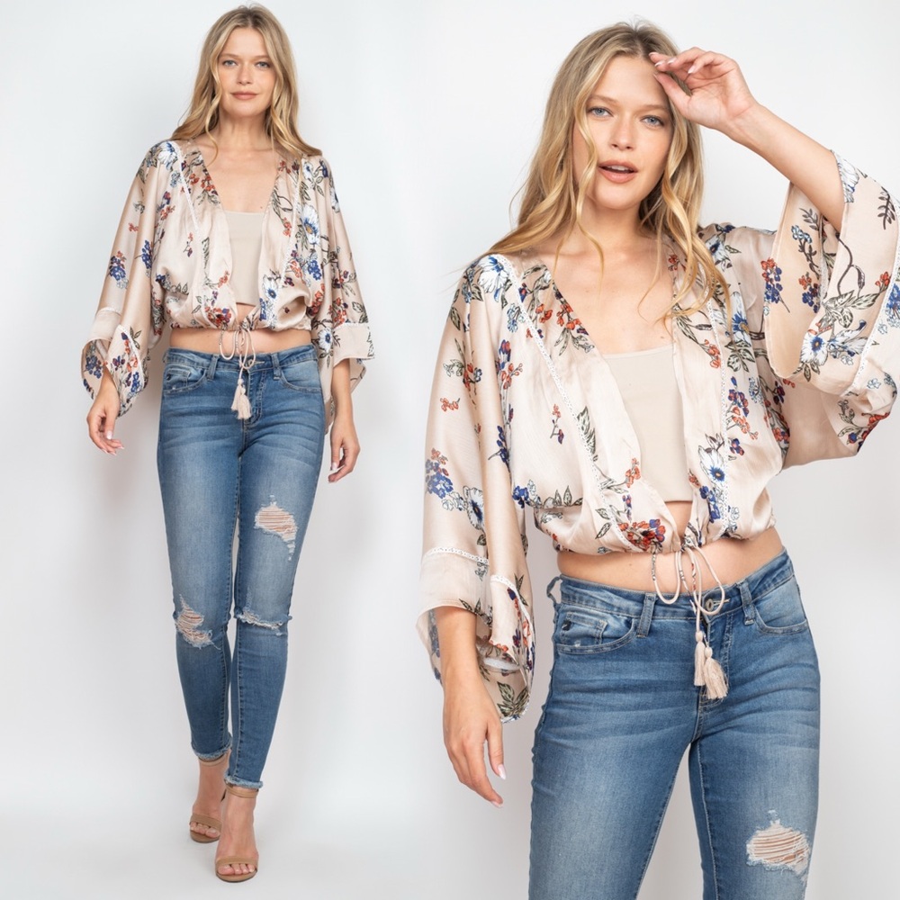 Floral Beige Women's Crop Front Tie Top - Picture 7 of 9